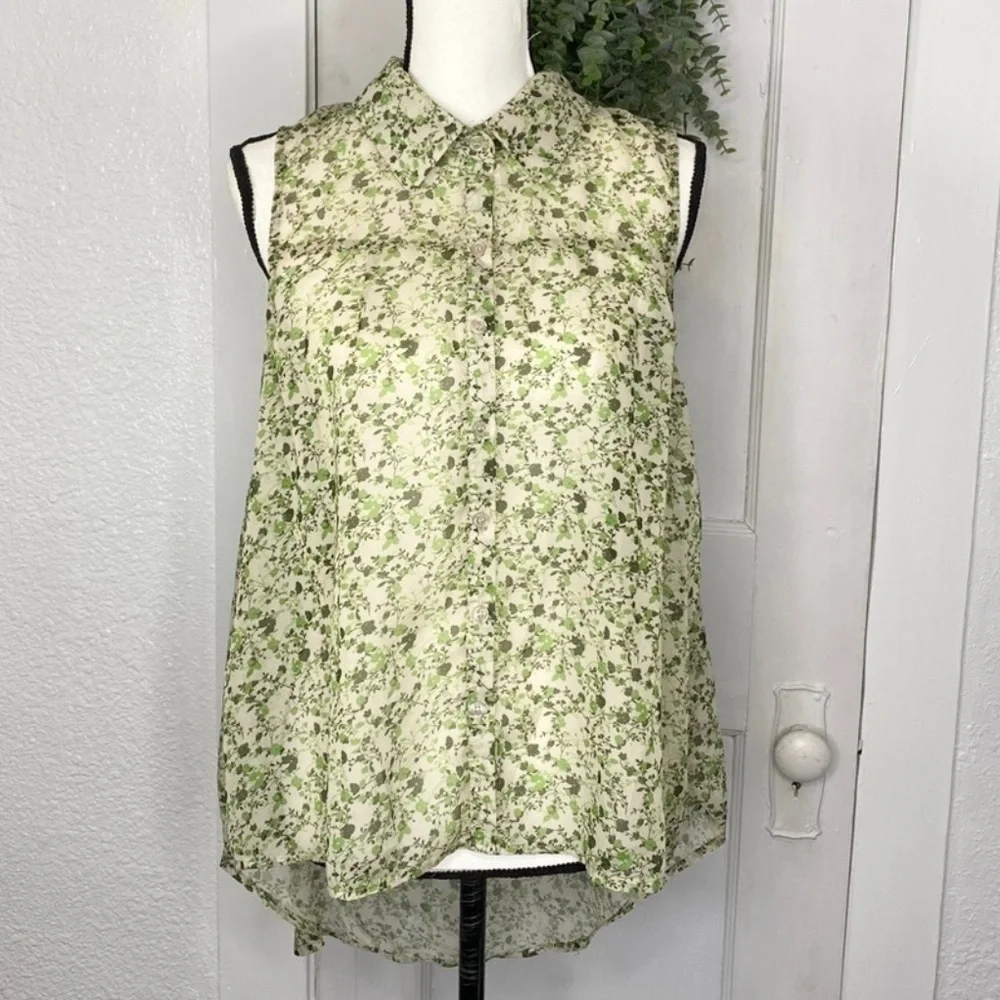 ENTRO ~ Green Sheer Floral Print Top ~ High Low Hemline ~ Size Large